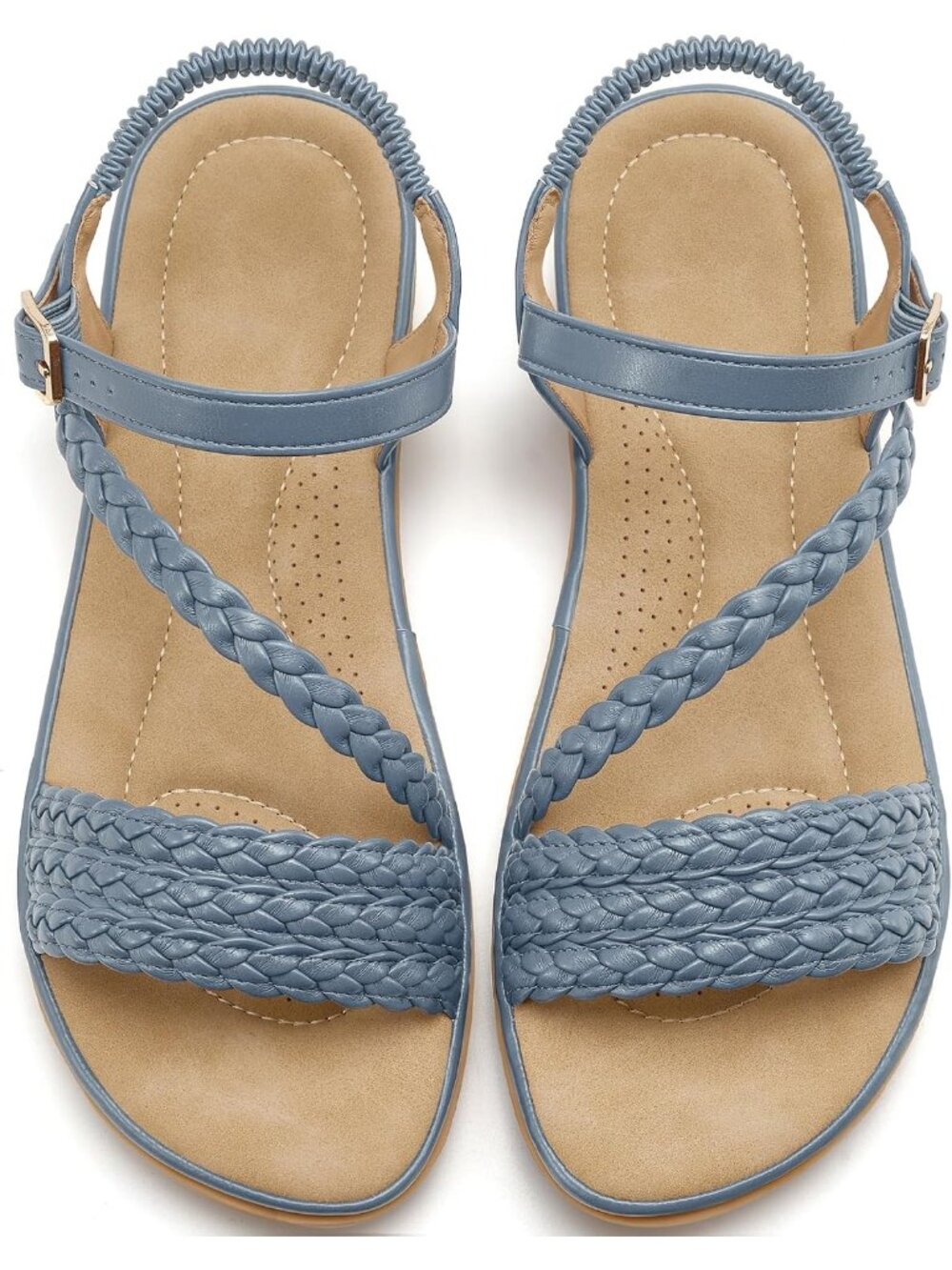 Women's Blue Braided Comfortable Elastic Ankle Strap Buckled Flat Sandals
